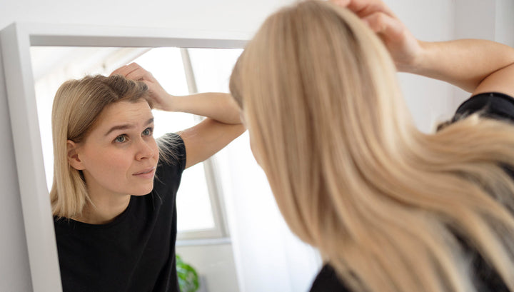 Woman examining her hair in a mirror
