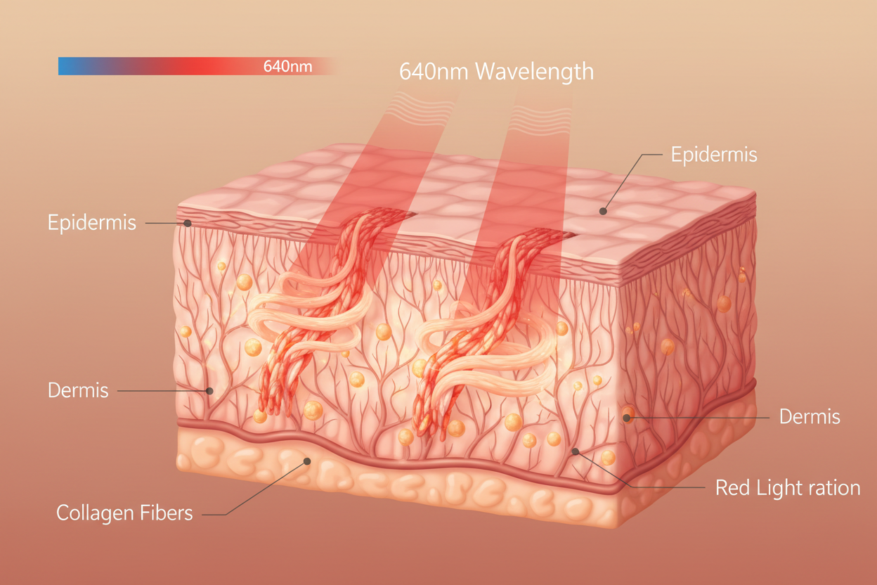 red light 640nm wavelength stimulates fibroblast cells to produce collagen