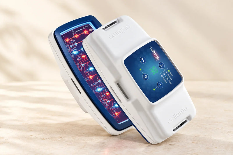 Tampilan depan dan belakang perangkat terapi cahaya LED Celluma POD II dengan latar krem