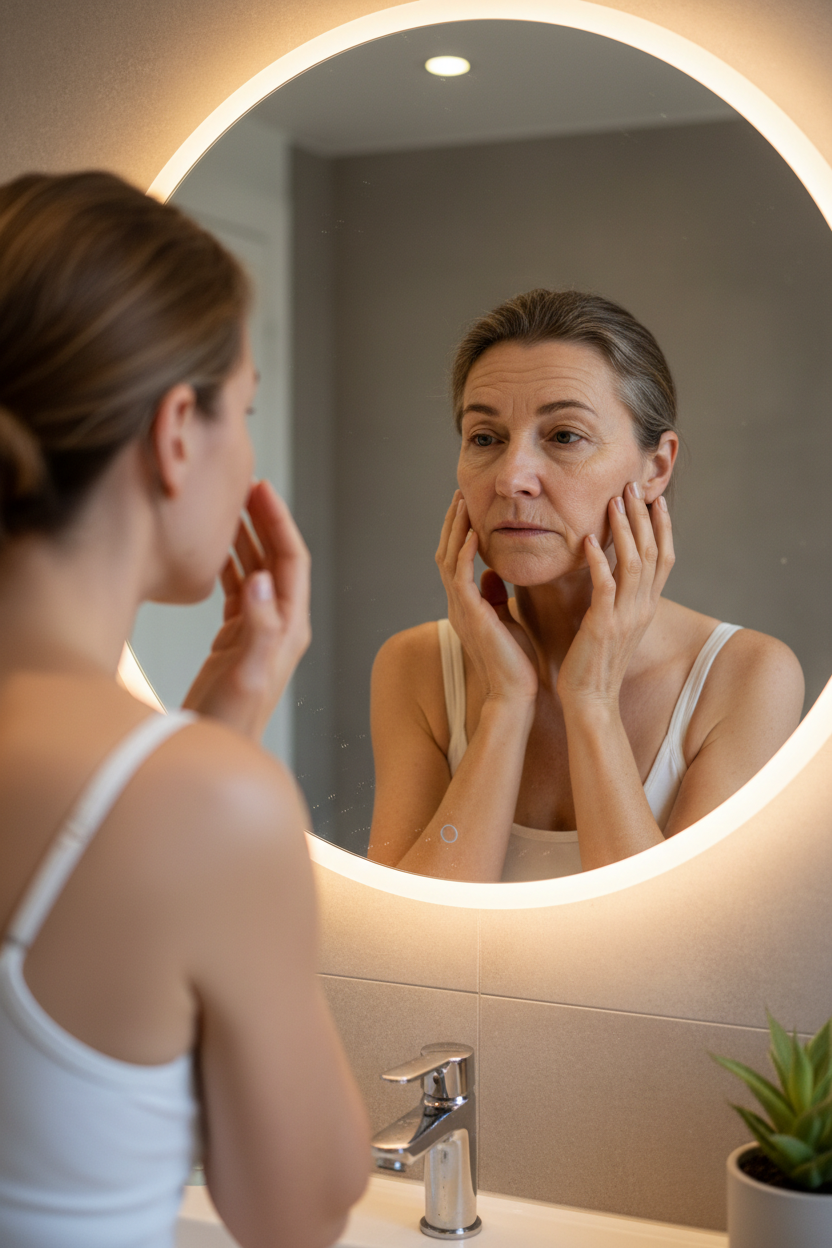 Editorial image of a woman examining her skin in a mirror