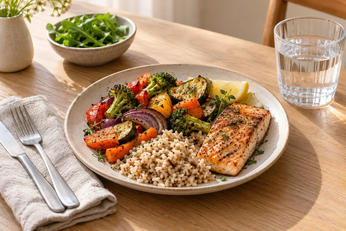 Grilled fish, whole grains and roasted vegetables with a glass of water on a pale oak table