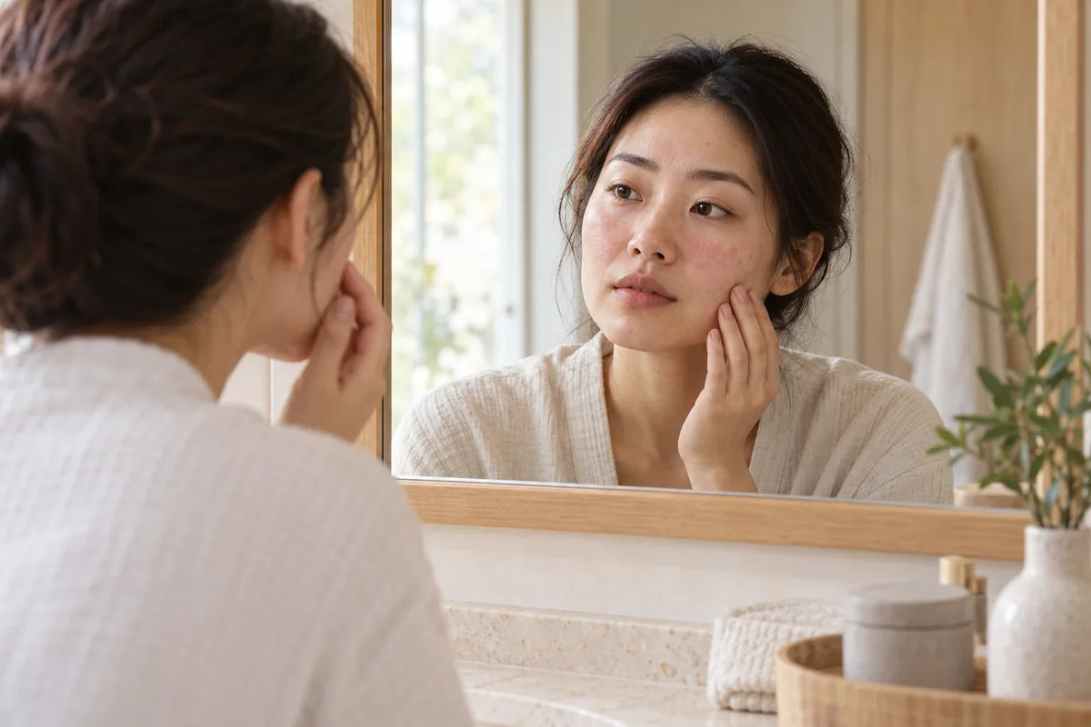 Adult woman with mild facial redness looking into a mirror during her skin-care routine