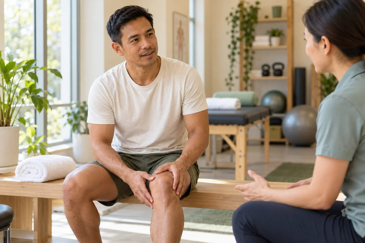 Active adult seated with a physiotherapist discussing knee comfort after exercise