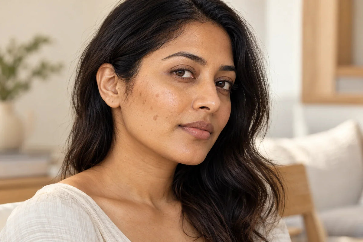 Close portrait of a woman with natural skin texture and a few flat brown post-acne marks on her cheek