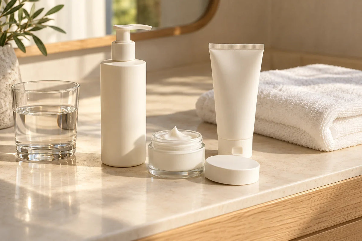 Unlabelled cleanser, moisturiser and sunscreen beside a clean towel and glass of water on a cream vanity