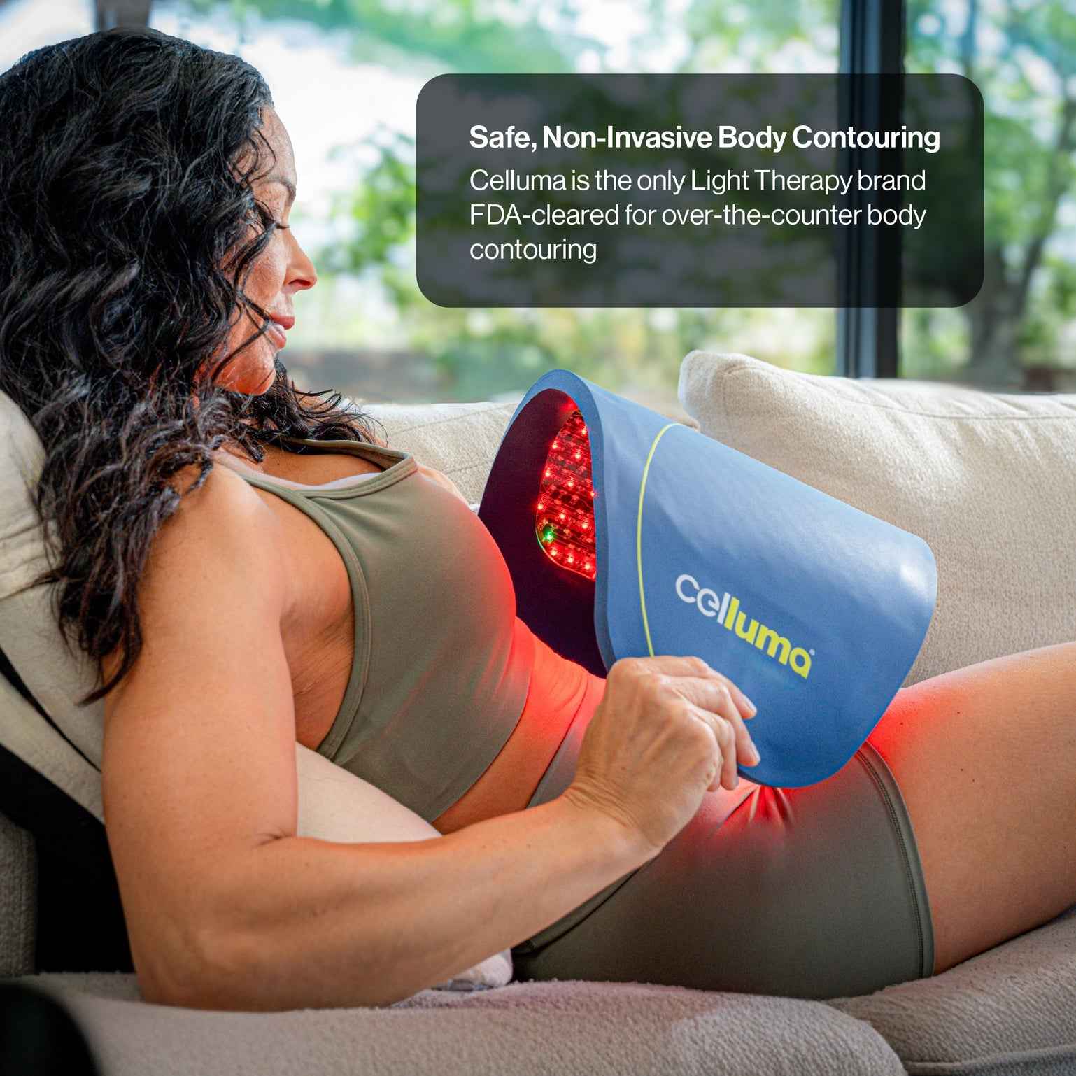 Celluma Contour LED red light therapy contour mode used by a woman to release lipids and firm skin texture.