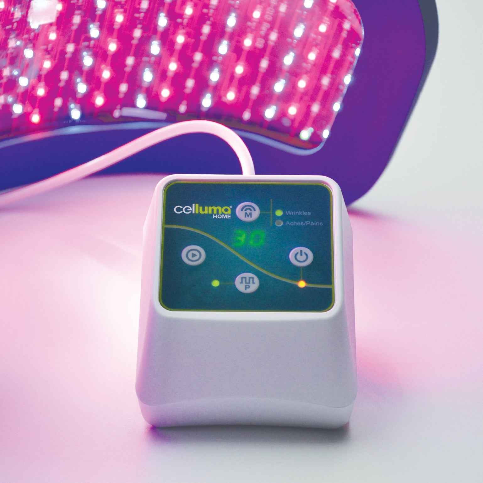 Celluma HOME advanced LED red light therapy device has 2 treatment modes, wrinkles and aches and pain.