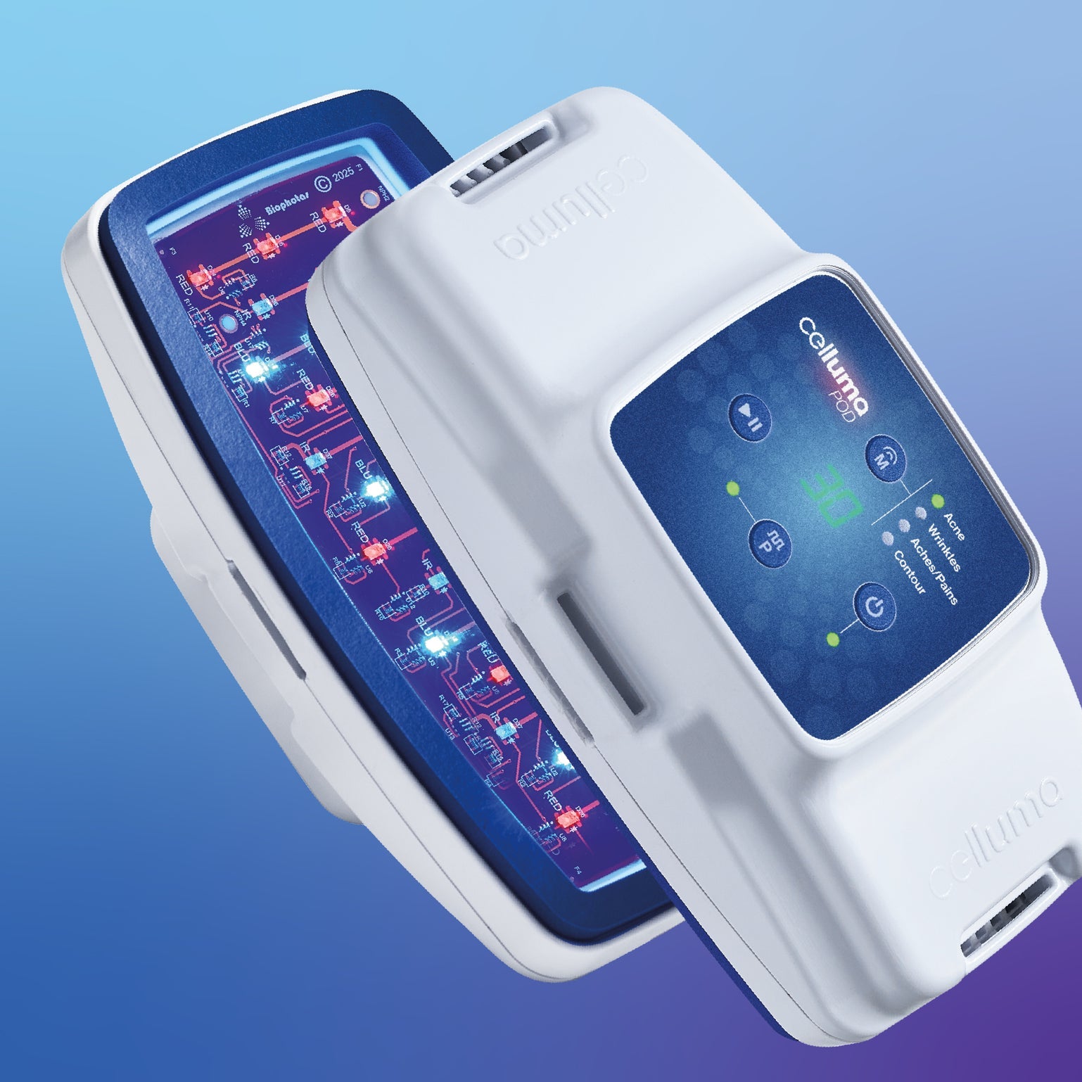 Front and back view of the Celluma POD Series 2 handheld LED device. The front shows the medical-grade LED array (465nm, 640nm, 880nm), while the back displays the new digital controller with timer, mode selection, and battery status for the 4-in-1 FDA-cleared treatment.