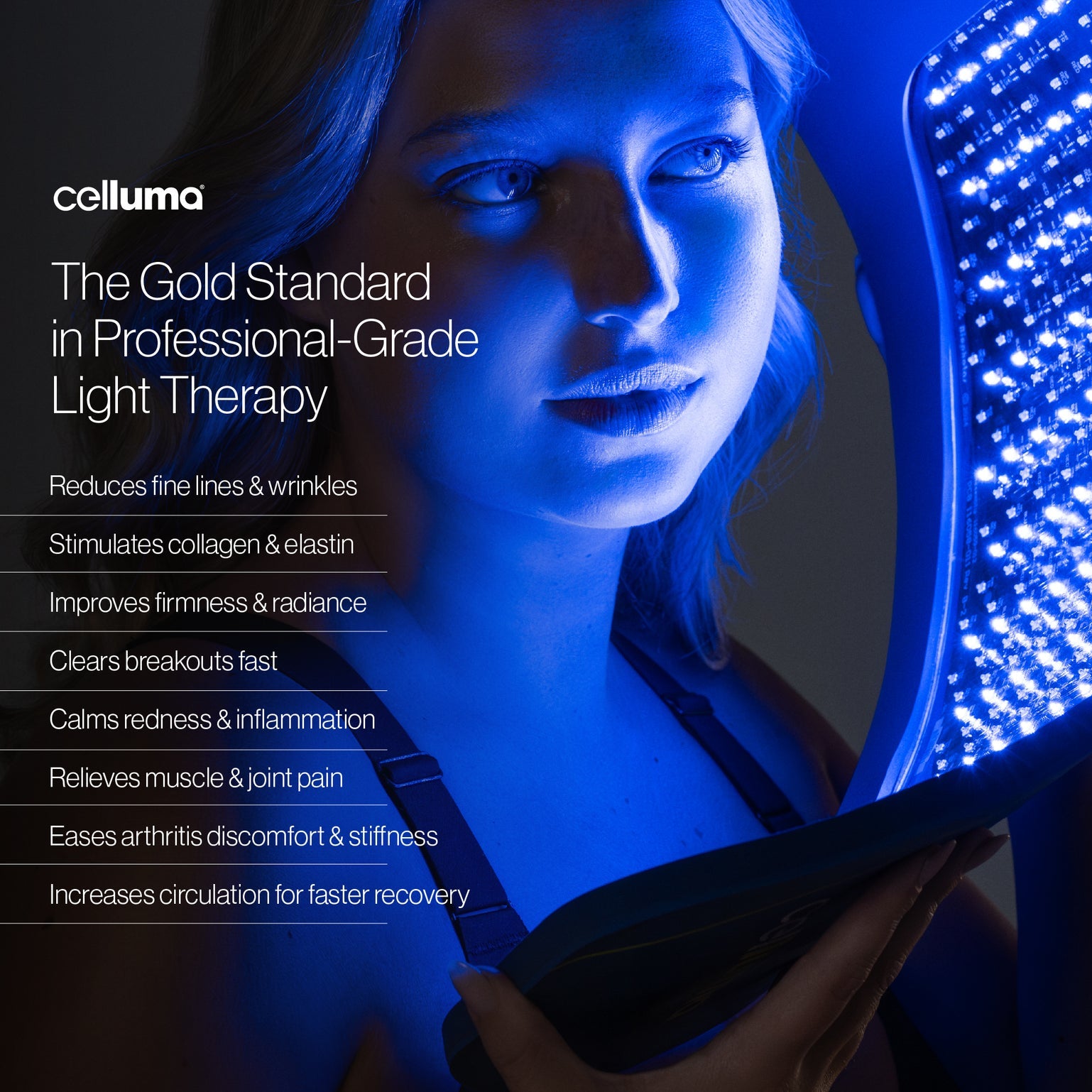 The Celluma PRO LED panel emitting a bright blue light ($465nm$), recognized as the gold standard for professional acne treatment. This multi-mode device is shown in its flexible position, highlighting its ability to switch between FDA-cleared settings for acne, wrinkles, and deep-tissue pain relief.