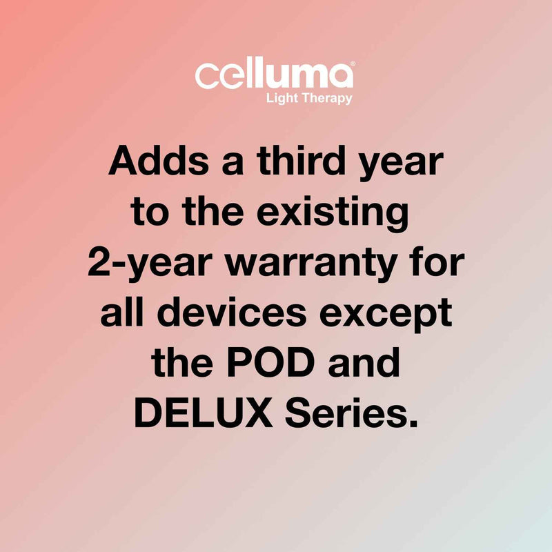 Celluma graphic describing an additional year of warranty coverage, with model exclusions