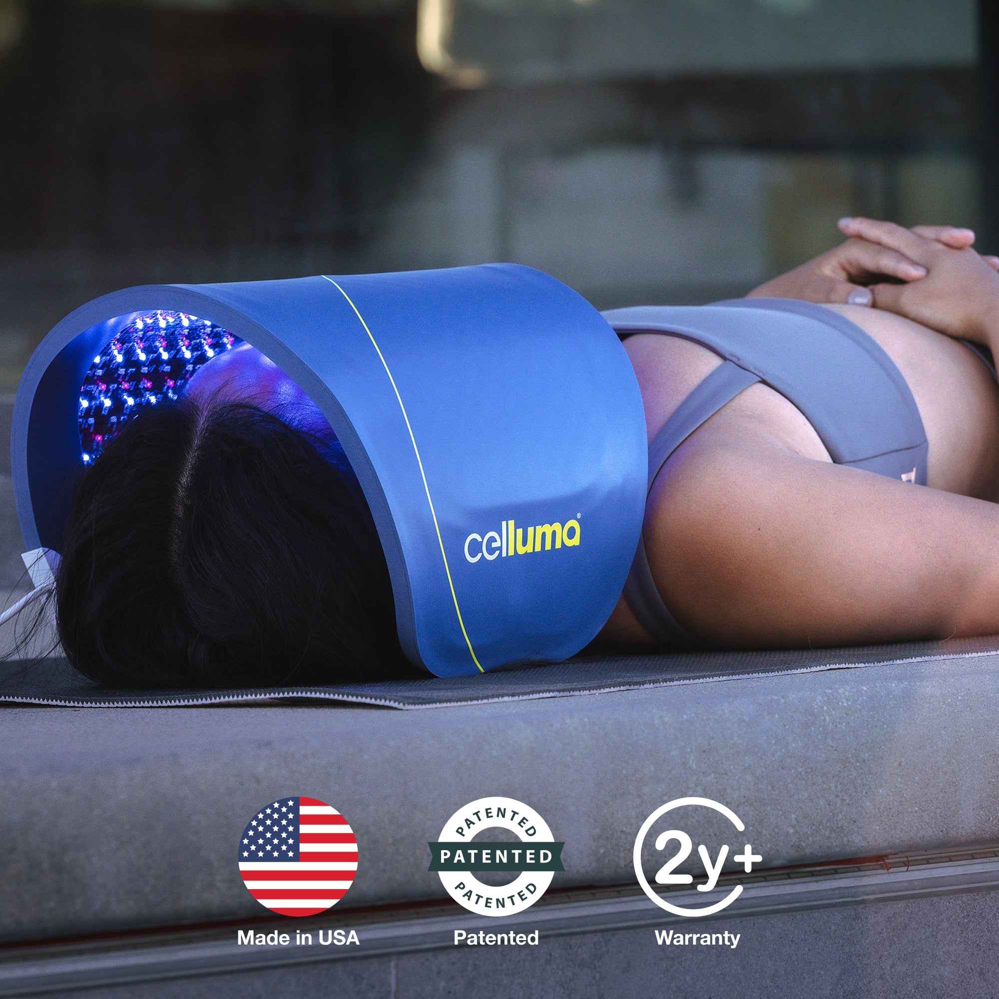 Woman using Celluma Contour LED red light therapy wrinkles mode for anti-aging skin rejuvenation.