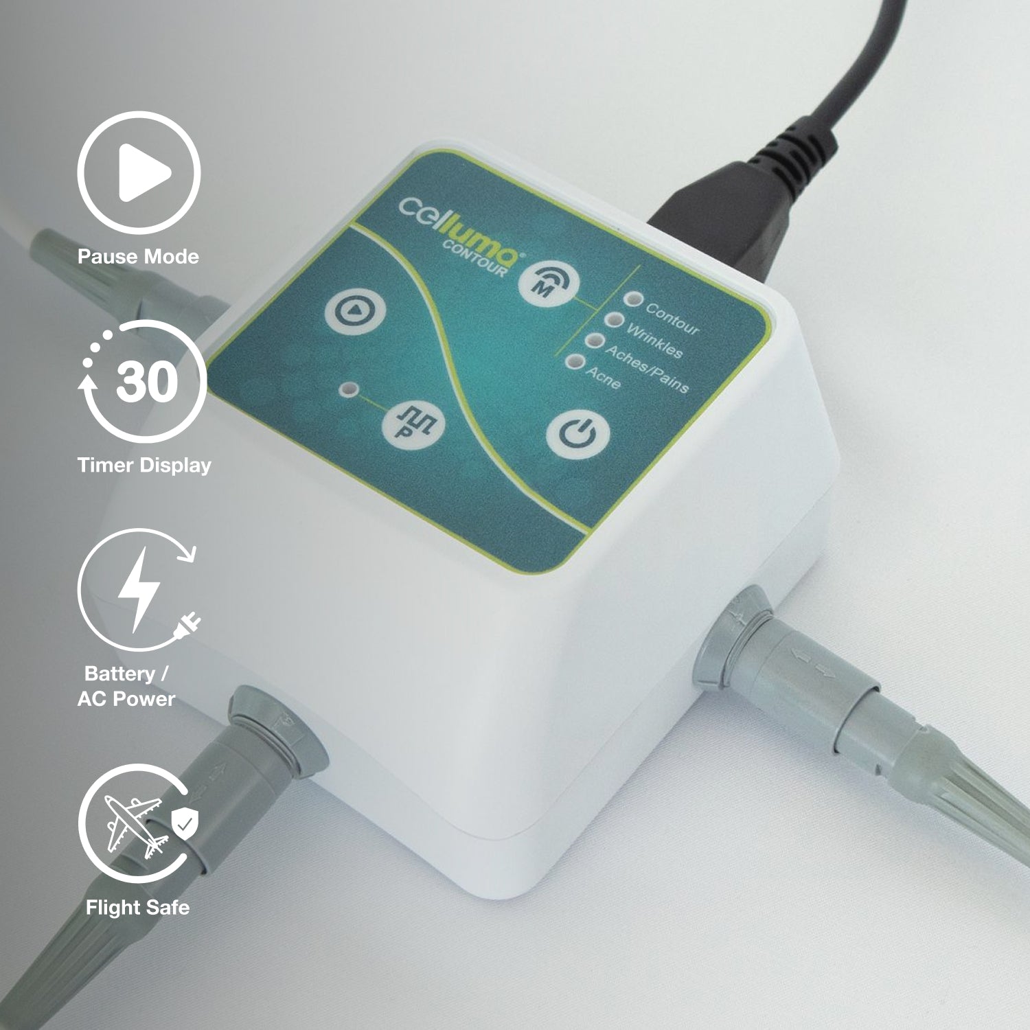 Celluma Contour System II controller showing body contouring, acne, wrinkles and pain treatment modes
