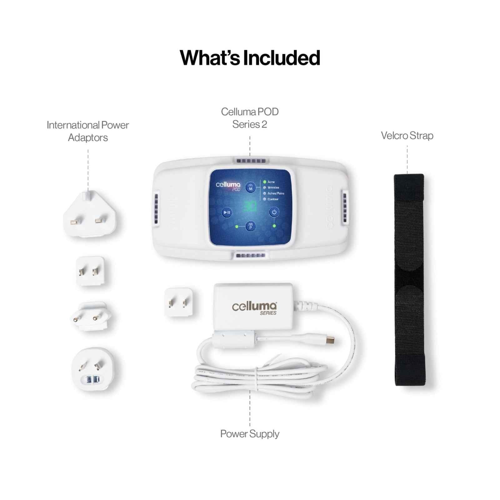 Celluma POD II LED red light therapy device shown with included international adaptors and Velcro strap.