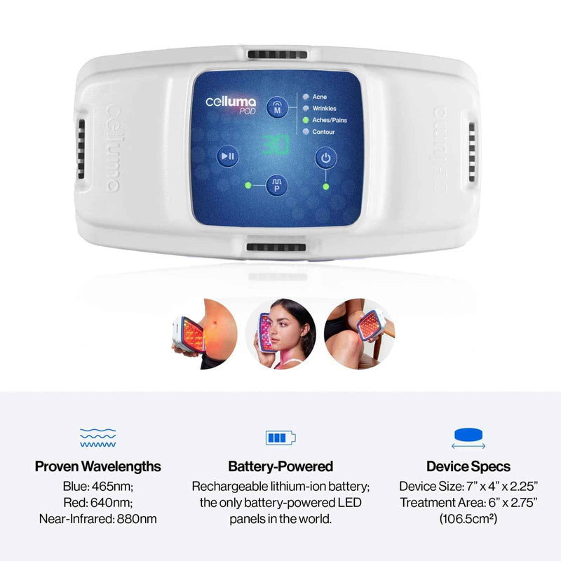 Celluma POD II control panel with diagrams of treatment positions and device specifications