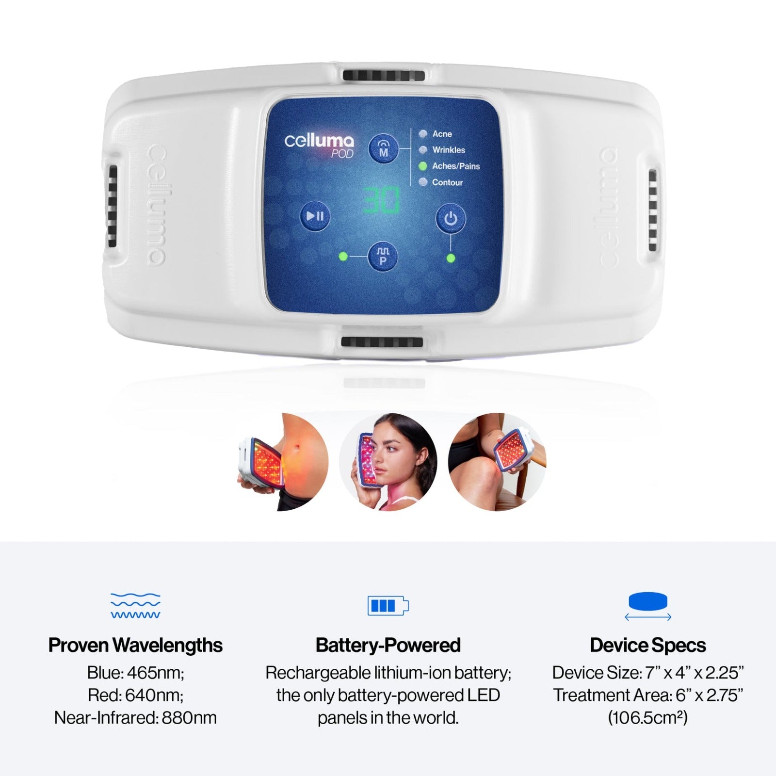 Celluma POD ll, proven wavelengths, battery powered and FDA cleared for four key indications — acne, aging skin, pain, and body contouring.