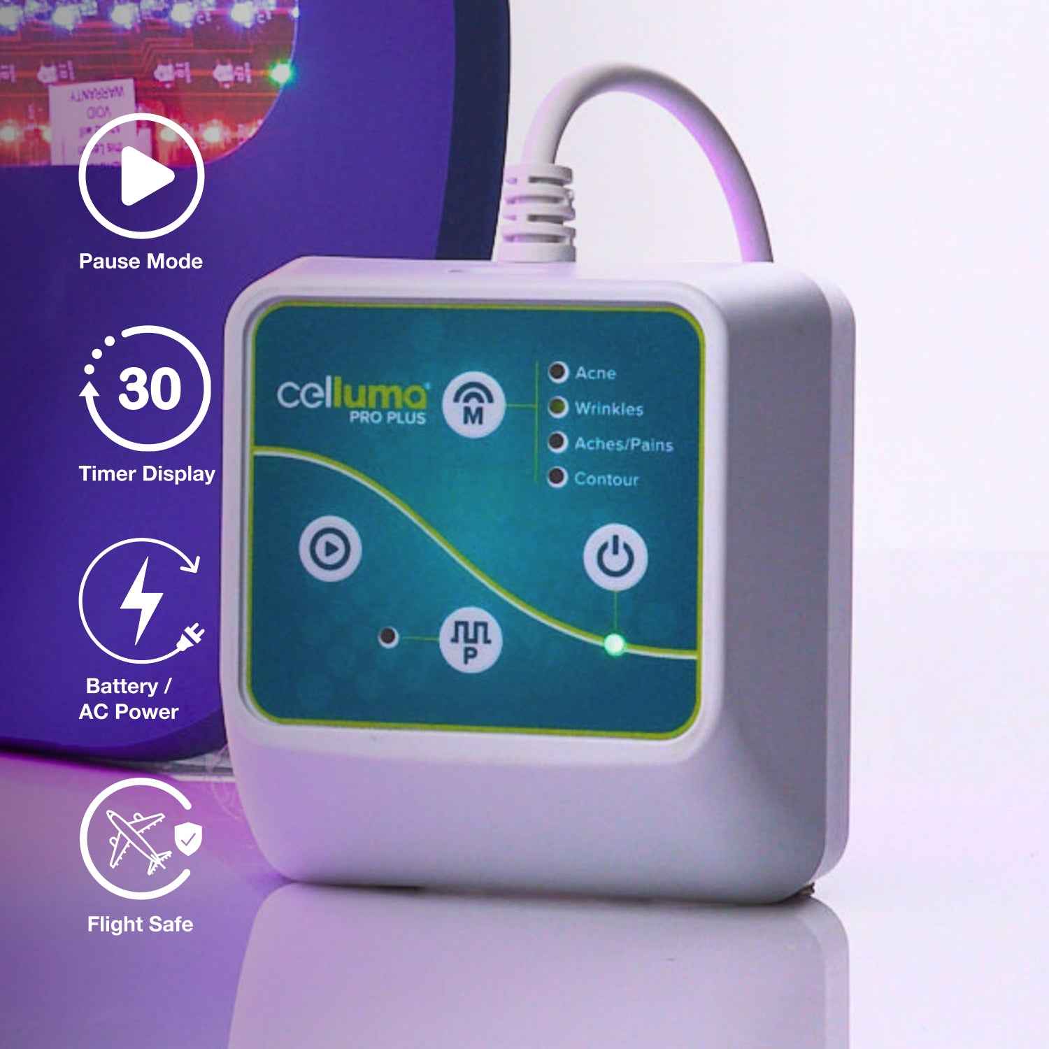 Celluma PRO Plus LED Red light therapy controller with FDA-cleared modes for acne, wrinkles, pain, and body contouring.