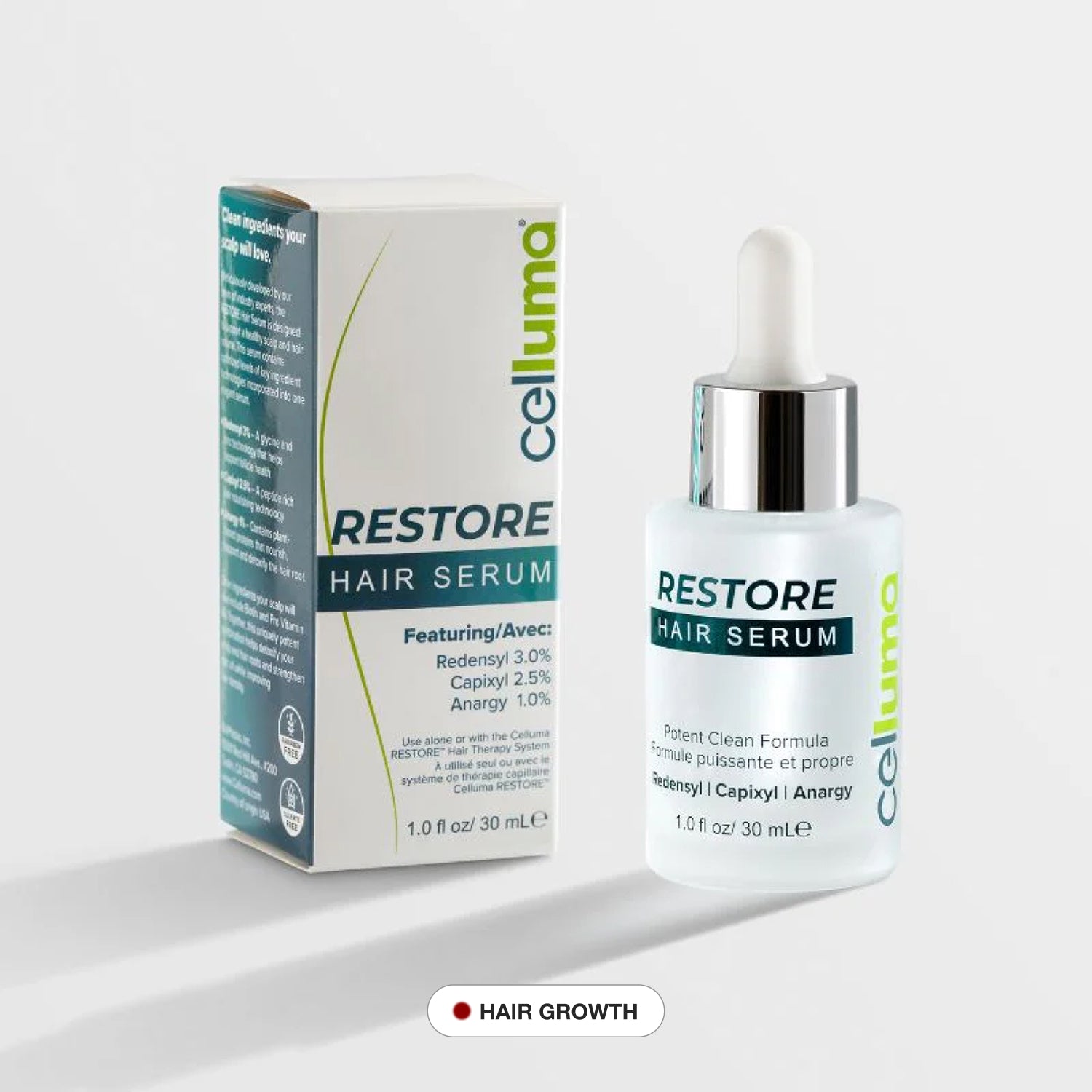 Celluma RESTORE Hair Serum featuring a clinical blend of Redensyl, Capixyl, and Anargy to support hair density and scalp health.