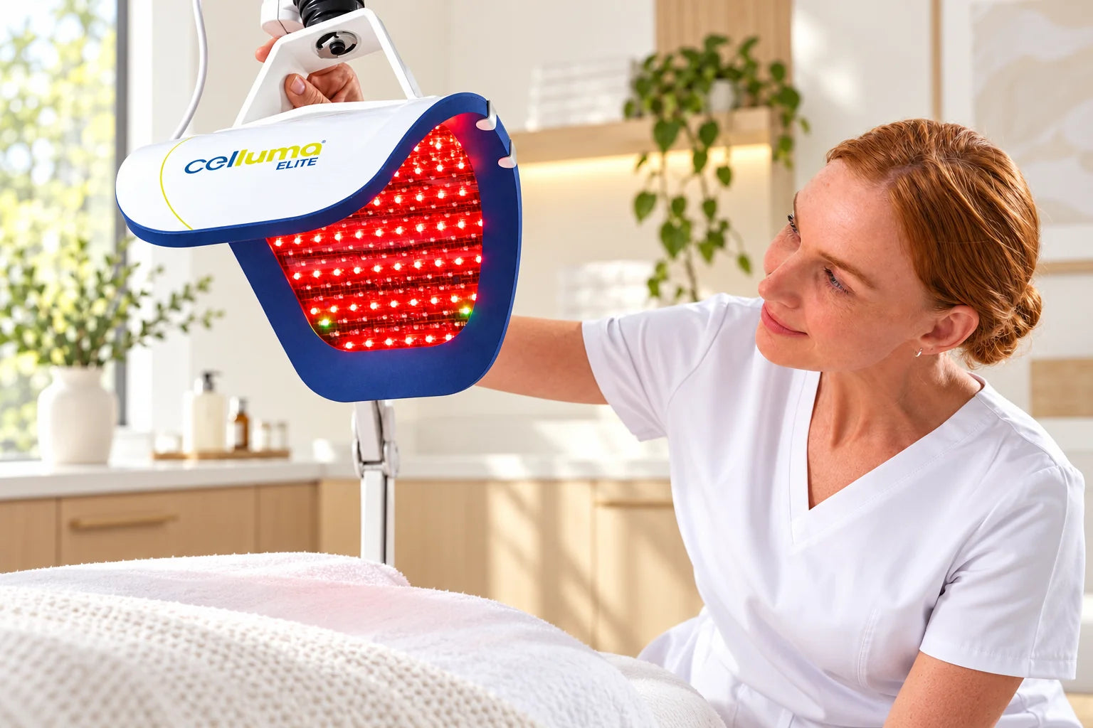 专业人员在护理室调整 Celluma ELITE 红光 LED 光疗板