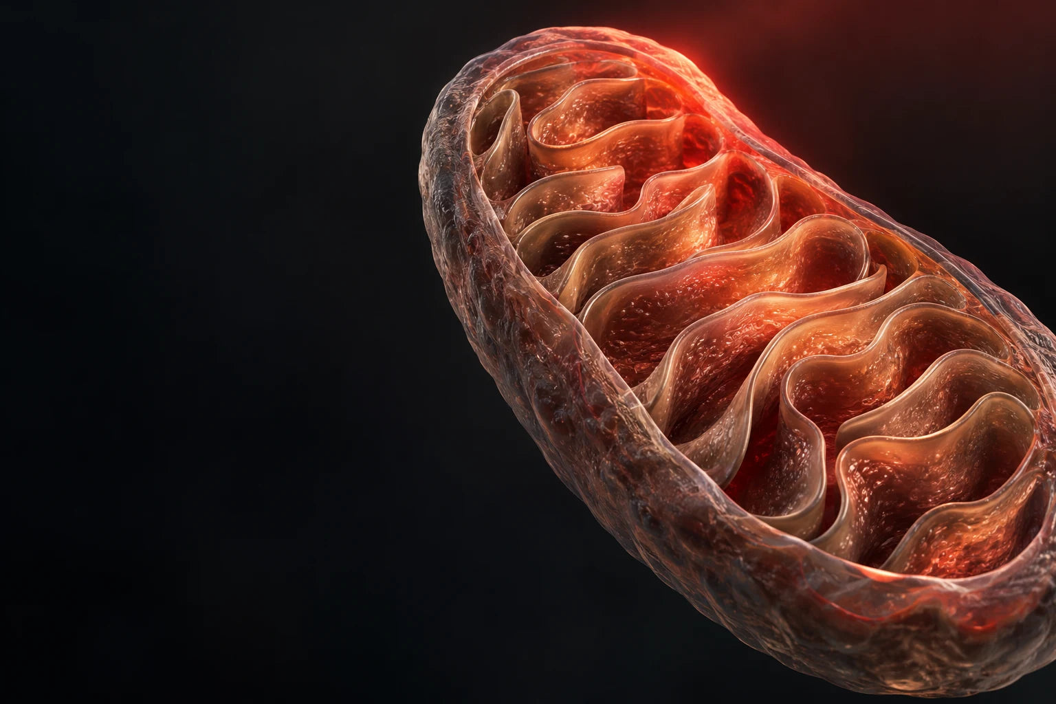 Ilustrasi biologis konseptual mitokondria dengan pencahayaan merah