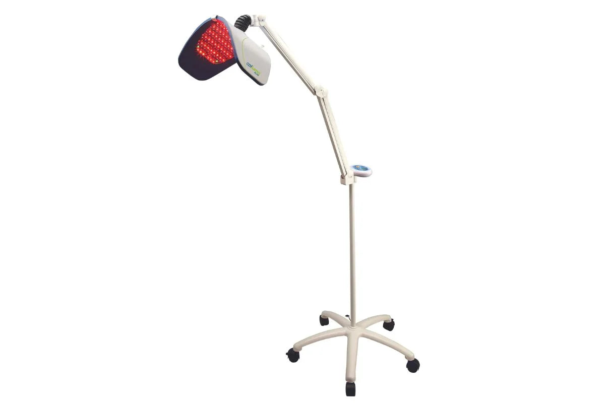 Freestanding Celluma device on an adjustable wheeled stand