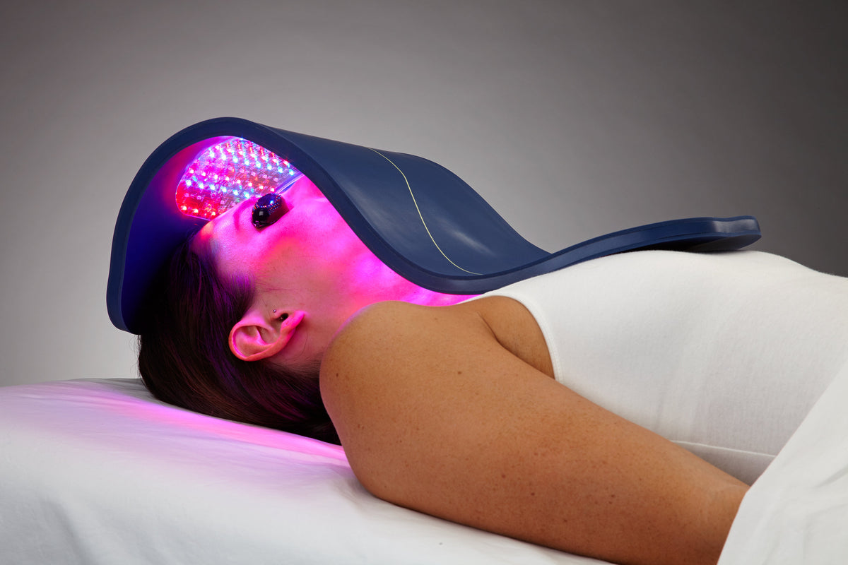 Celluma LED panel positioned over the face, neck and décolletage during a skincare session