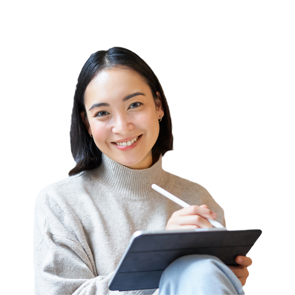 Woman holding a tablet and taking notes