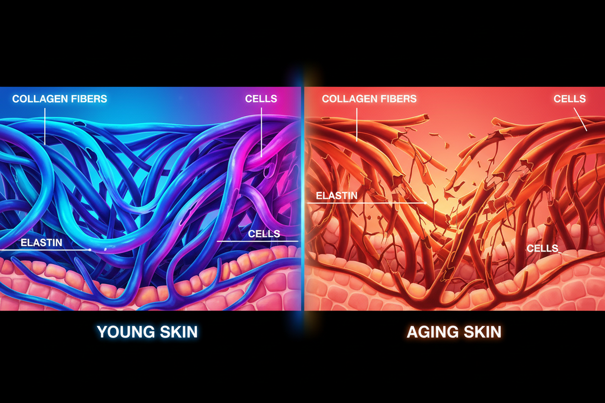 Scientific diagram comparing a dense, organized collagen network in young skin to fragmented collagen fibers in aging skin, illustrating the biological cause of wrinkles.
