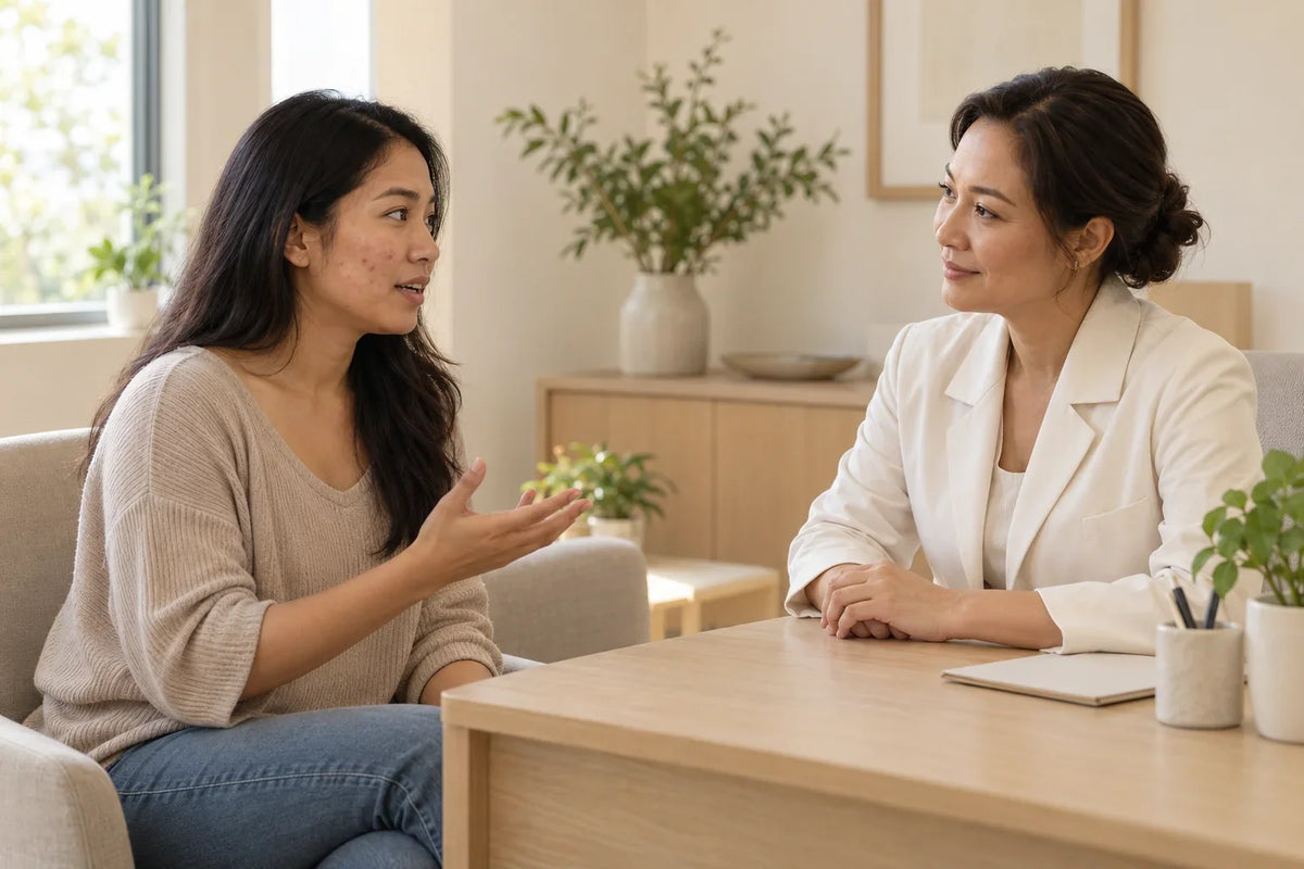 Woman discussing persistent facial acne with a skin-care professional across a pale oak consultation desk