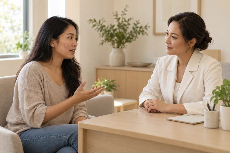 Perempuan membahas jerawat wajah yang menetap dengan tenaga perawatan kulit di meja konsultasi kayu ek berwarna terang
