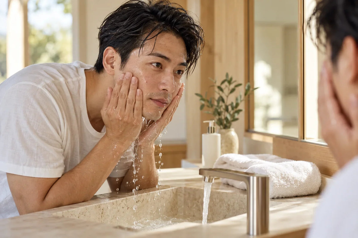 Adult man gently cleansing his face at a bathroom sink