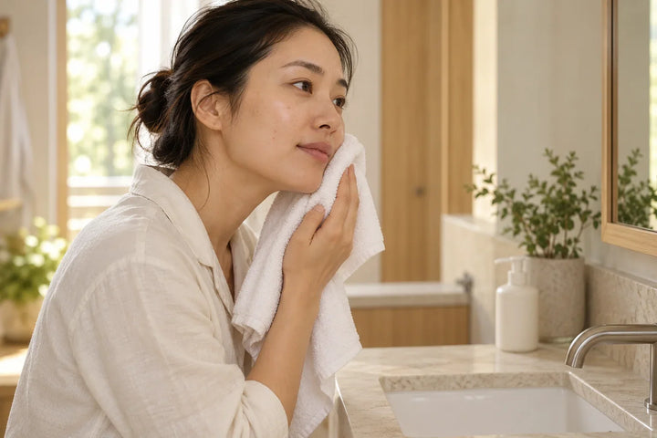 Woman gently drying clean facial skin with a white towel before her skin-care routine