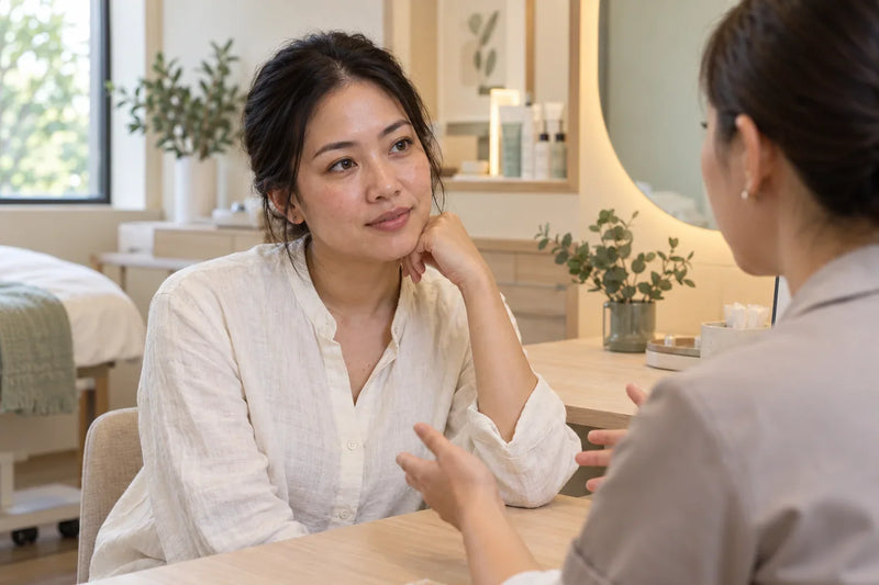 Perempuan dengan kemerahan ringan pada wajah berbicara dengan praktisi perawatan kulit