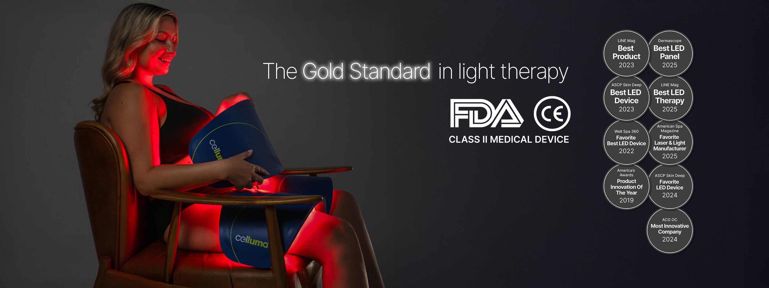 Person using a red light therapy device with branding and certification text on a dark background