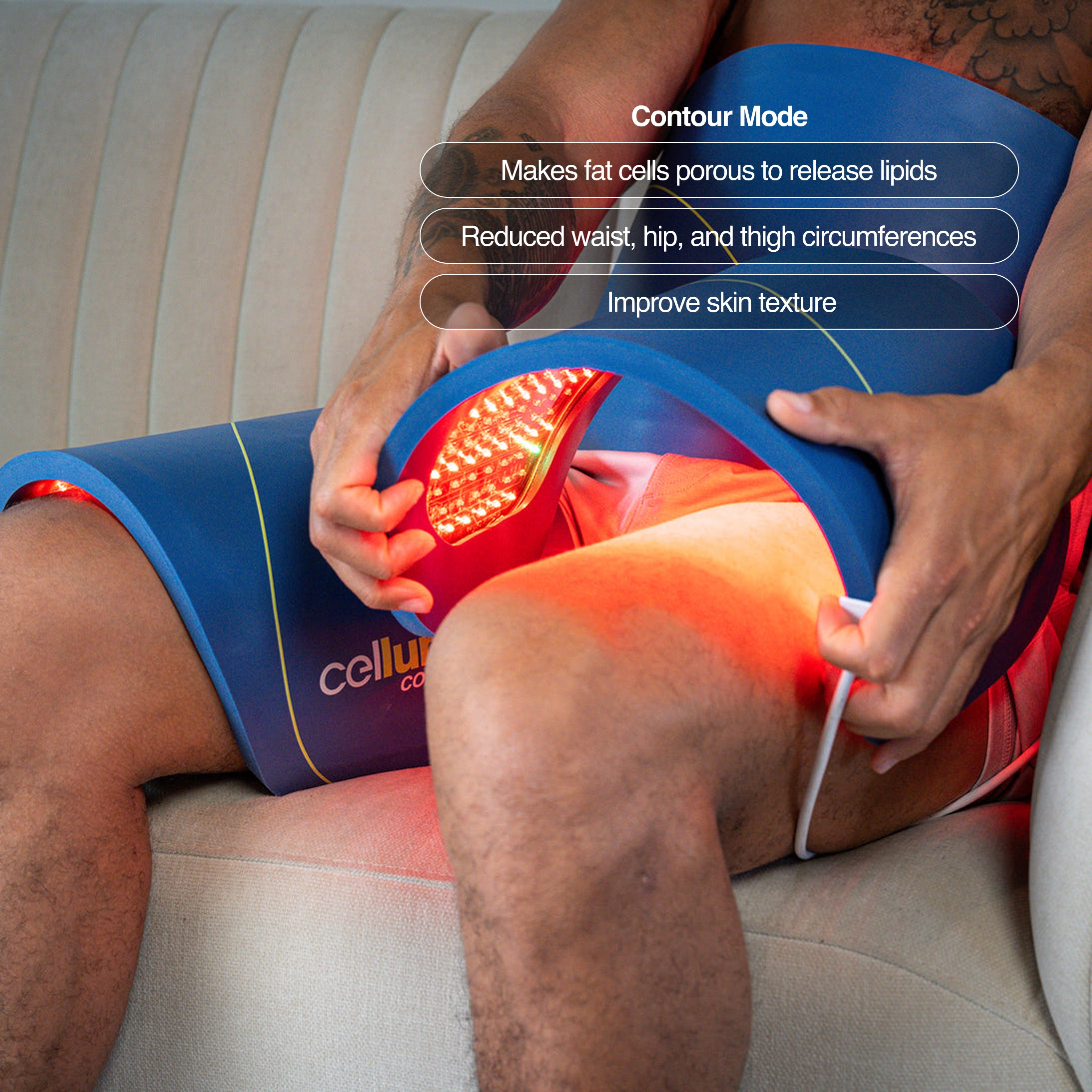 Celluma Contour System II pain mode contoured to the lower back for pain relief and recovery