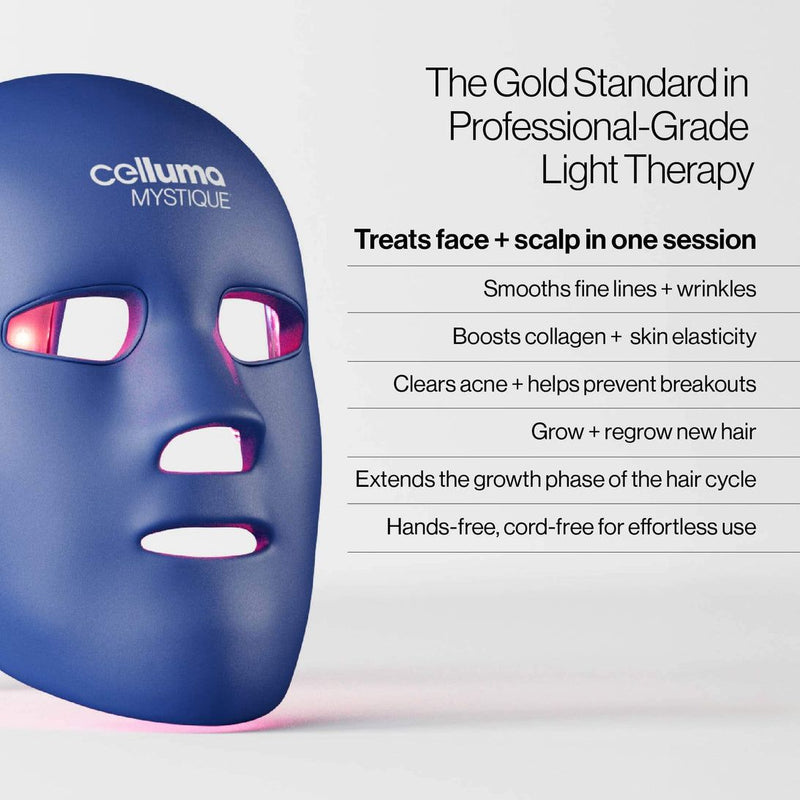 Tampilan depan masker LED Celluma MYSTIQUE berwarna biru dengan bukaan untuk mata, hidung, dan mulut