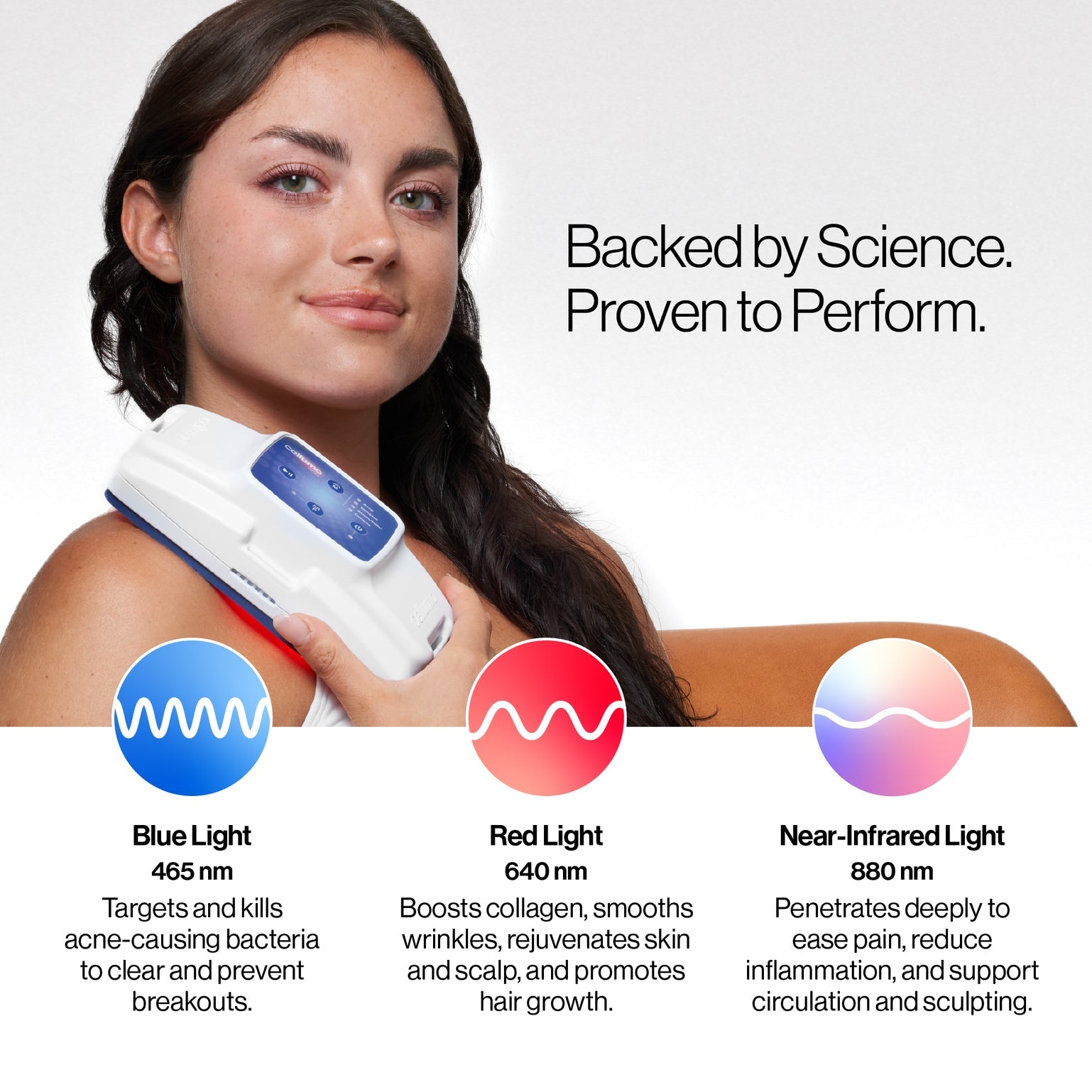 Celluma POD Series 2: A 4-mode portable LED device featuring proven blue, red, and near-infrared light therapy. FDA-cleared for acne, wrinkles, pain relief, and body contouring with clinical-grade