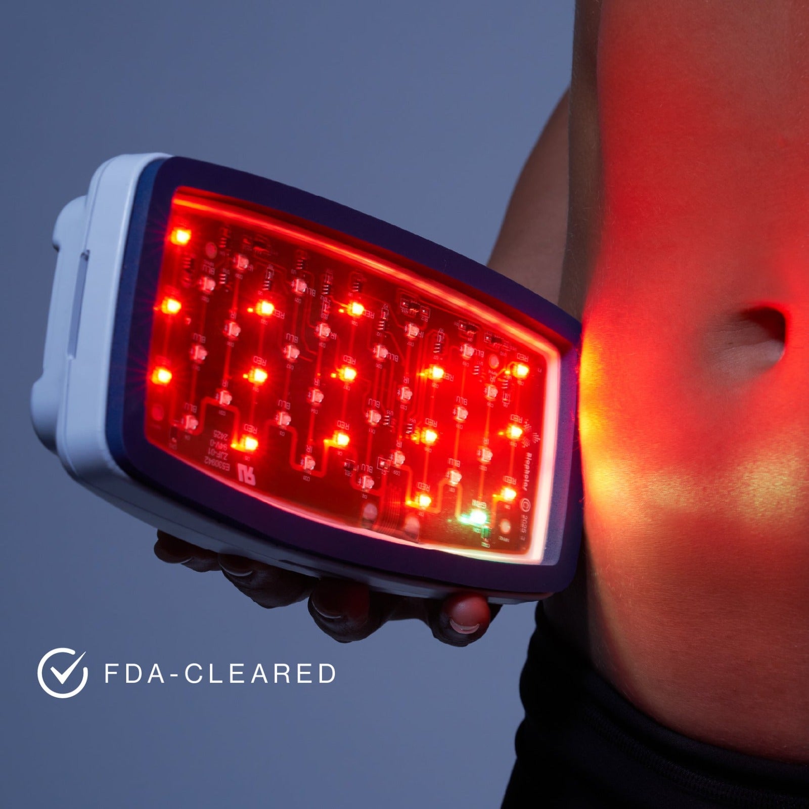 FDA-cleared Celluma POD Series 2 technical view. A Class II medical device utilizing clinically proven blue (465nm), red (640nm), and near-infrared (880nm) wavelengths to treat skin, pain, and stubborn fat with a portable, battery-powered design.