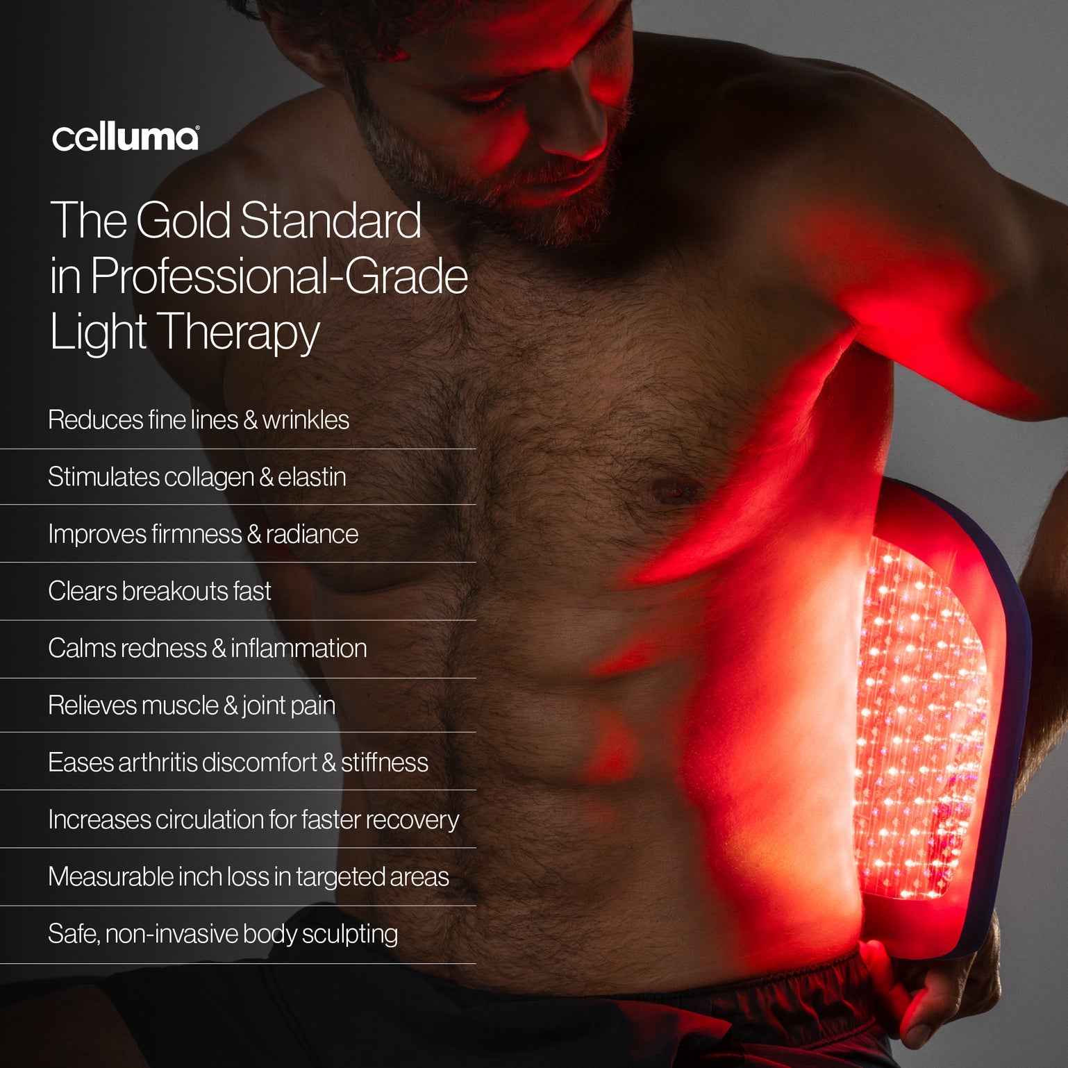 A man using the Celluma PRO LED red light therapy device, a professional-grade LED light therapy system designed to support skin rejuvenation and overall skin health. It helps stimulate collagen and elastin production, reduce the appearance of fine lines and wrinkles, accelerate the clearing of breakouts, and calm redness and inflammation.