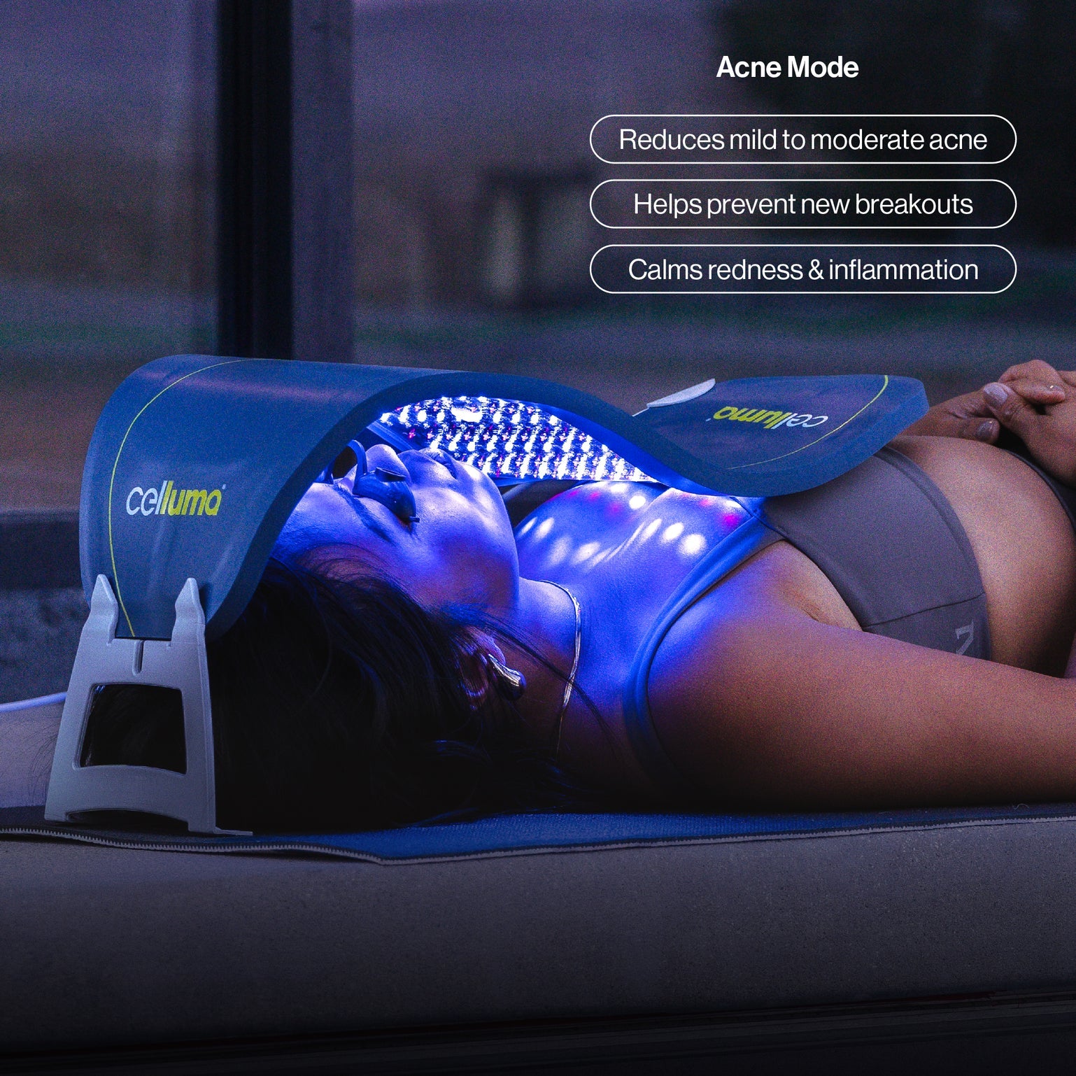 Celluma PRO LED Light Therapy Panel emitting blue light for professional acne treatment. The flexible, medical-grade device is shown in a clinical setting, highlighted as HSA and FSA eligible for healthcare spending.