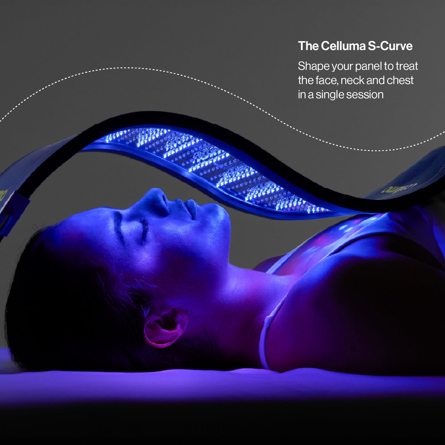 The Celluma PRO LED panel demonstrated in its patented S-Curve position. The flexible, shape-taking design allows the medical-grade device to contour perfectly over the face, neck, and décolleté, ensuring the LEDs remain at an optimal distance for maximum cellular energy absorption.
