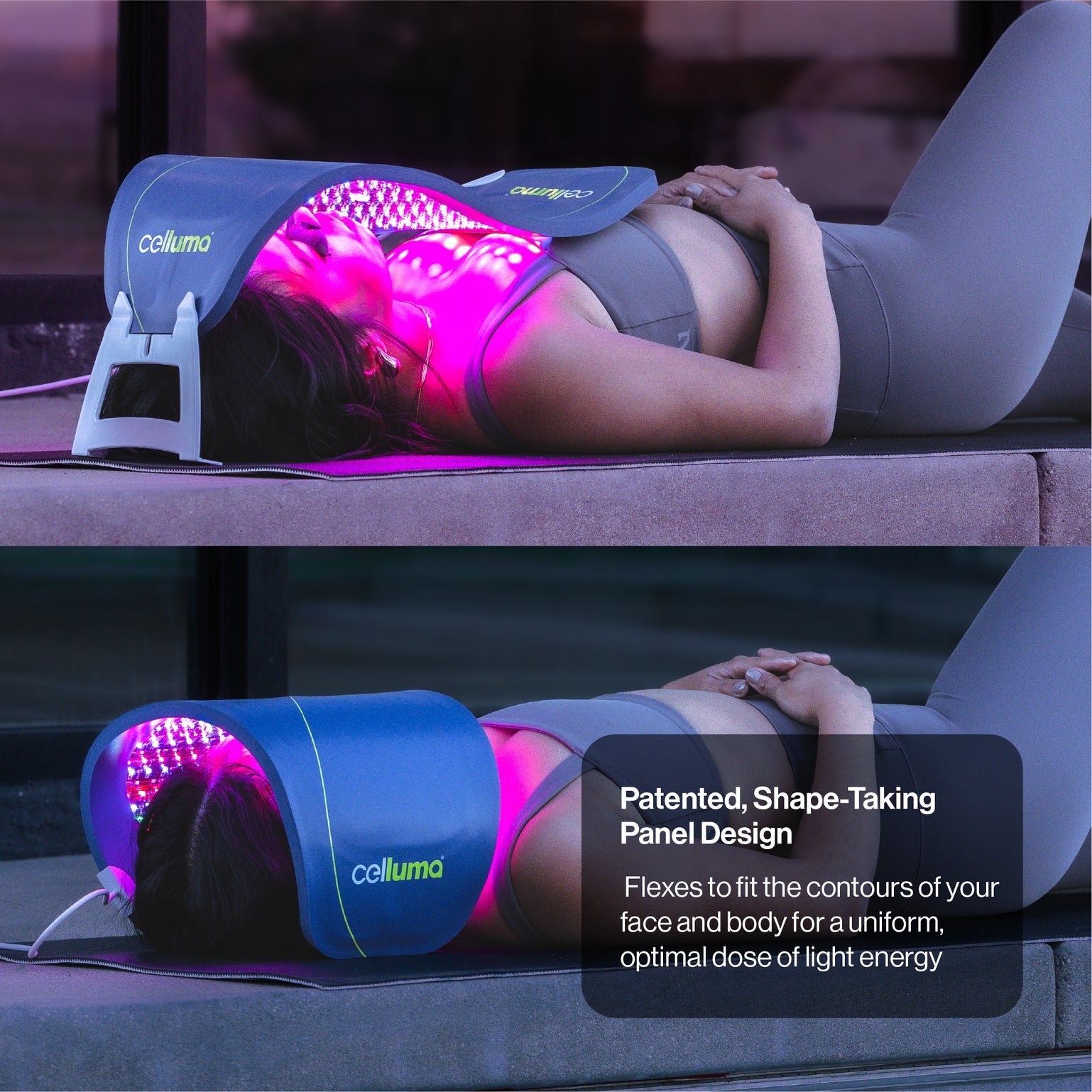 A Celluma PRO LED panel demonstrating its patented flexible, shape-taking design. The device is shown curved into a semi-circle, illustrating how it can be contoured to fit different body parts like the face, joints, or spine for maximum light absorption