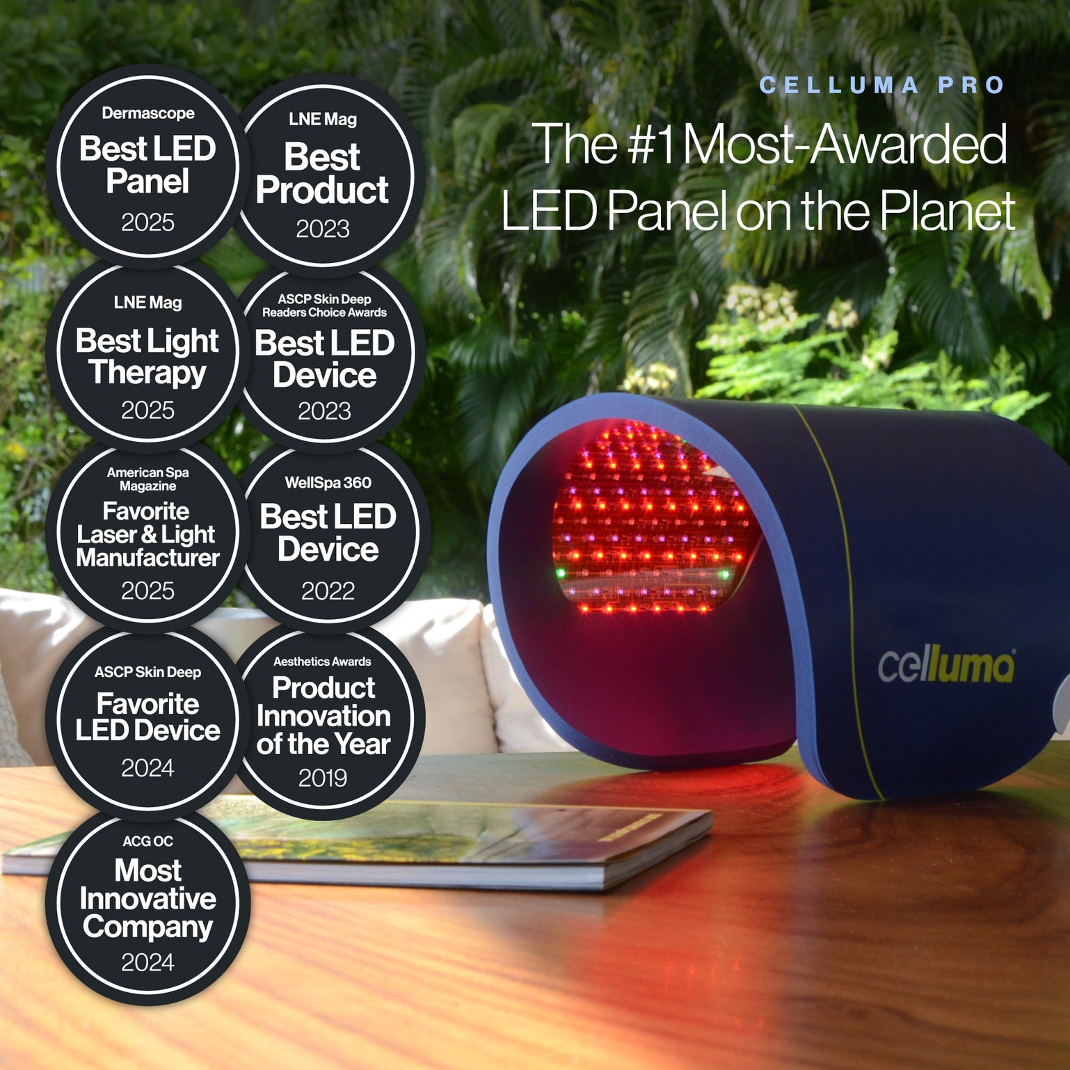 The Celluma PRO, recognized as the most-awarded LED light therapy panel in the world. The image highlights its status as a multi-award-winning medical device, frequently named 'Best LED Panel' and 'Best Aesthetic Equipment' by professional magazines and industry experts globally.