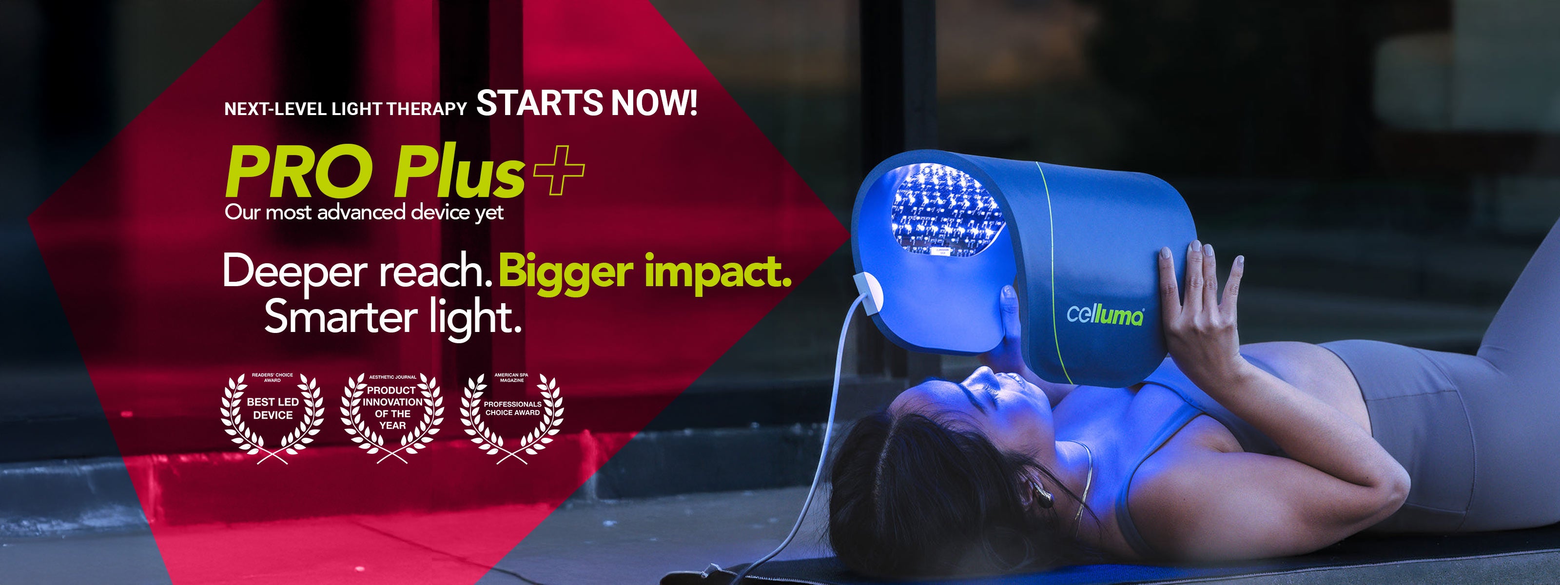 Celluma PRO PLUS full-body LED light therapy device – advanced red, blue, and near-infrared treatment for pain management, skin rejuvenation, and acne, with deeper reach and award-winning innovation.