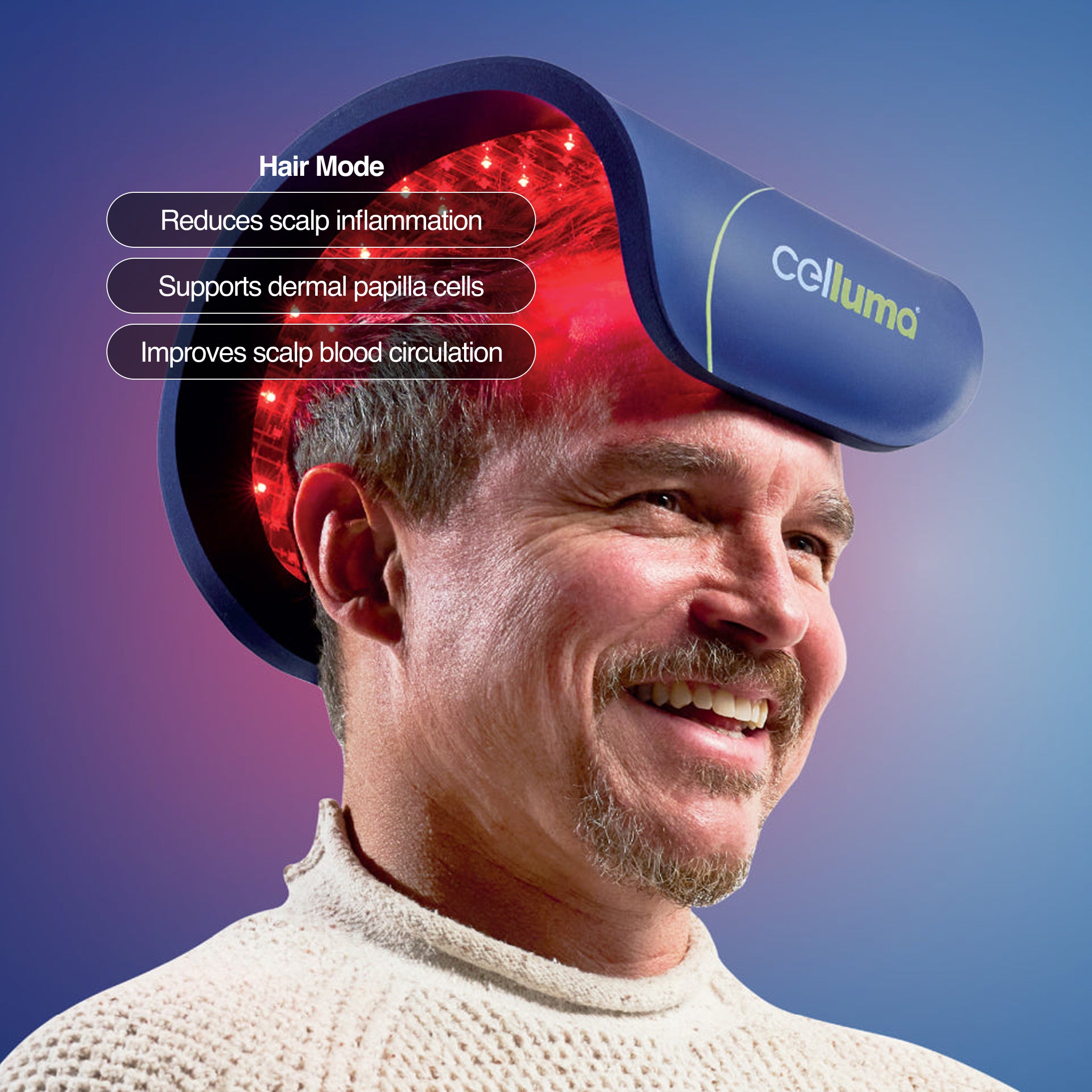 Celluma RESTORE Series 2 reducing scalp inflammation for hair regrowth. This FDA-cleared 3-mode LED device uses 640nm red light to soothe inflamed follicles and improve microcirculation, creating a healthy environment for thicker, fuller hair growth.