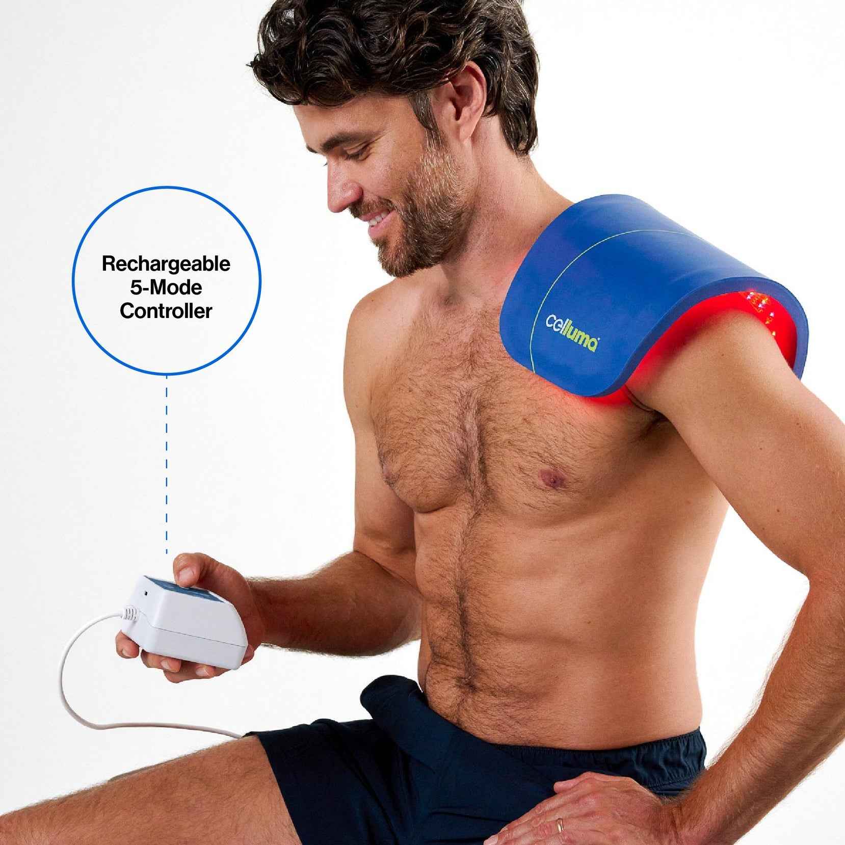 Celluma NOVA rechargeable LED light therapy controller with 5 modes for acne, anti-aging, pain, and hair loss.