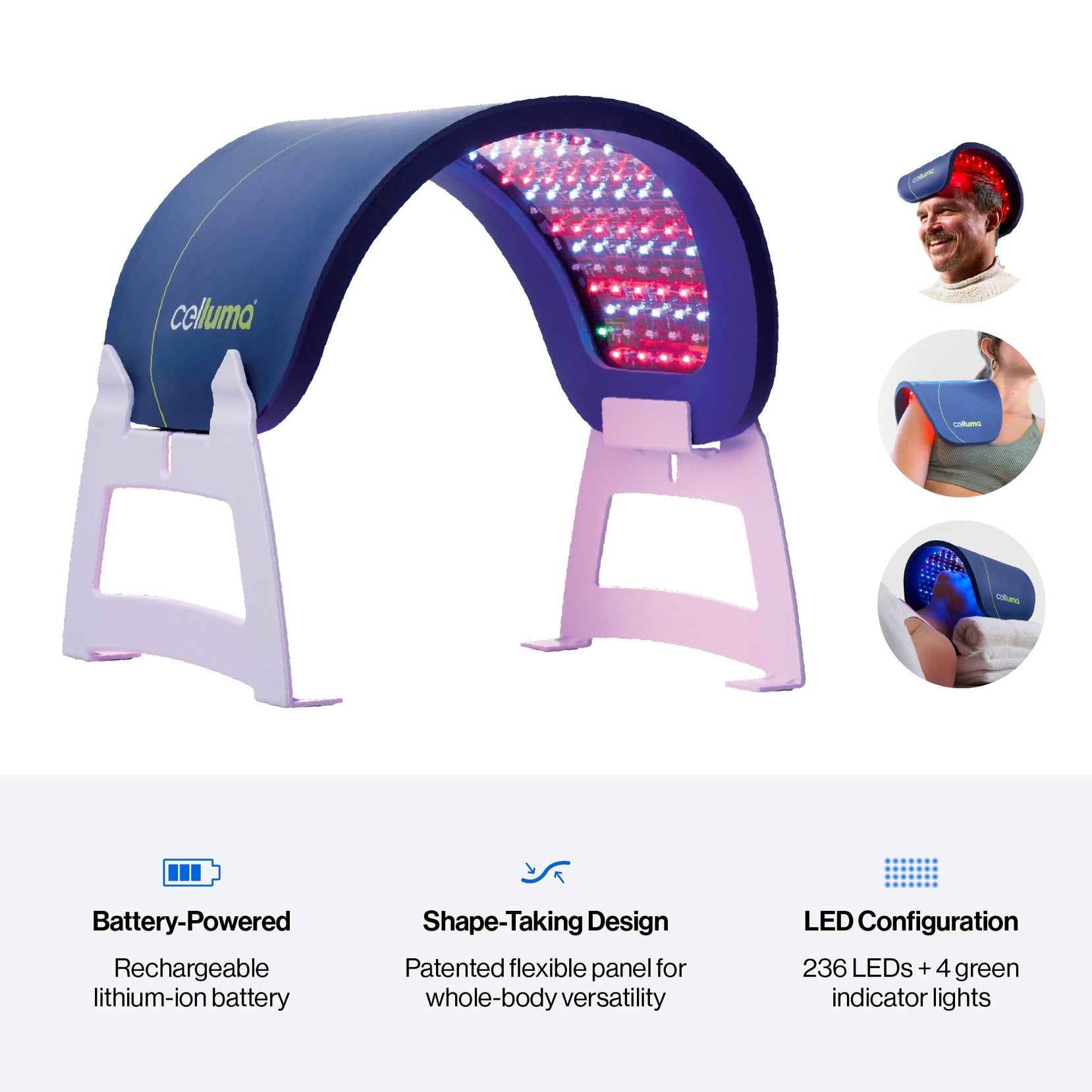 Celluma NOVA LED Red Light Therapy is battery-powered, shape-taking panel and has 236 leds and 4 green indicator lights.