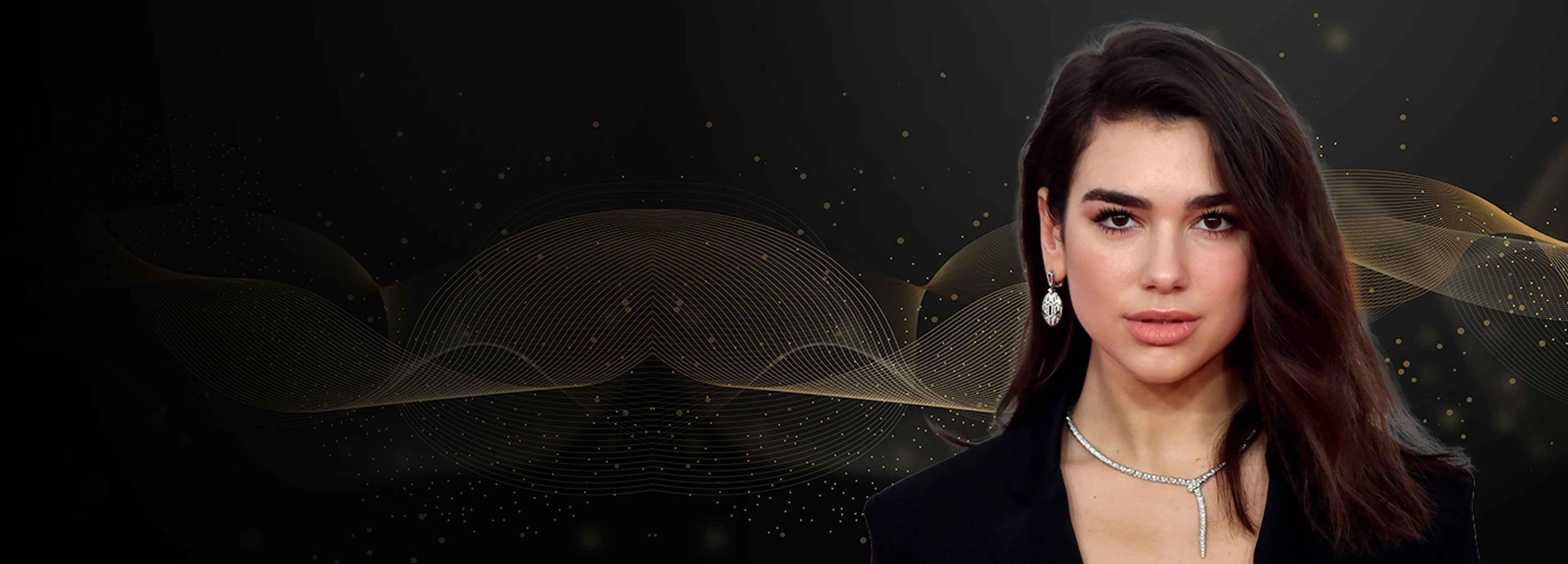 Dua lipa n a black outfit with a dark, abstract background