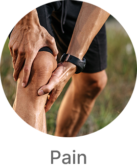 Person holding knee with 'Pain' label