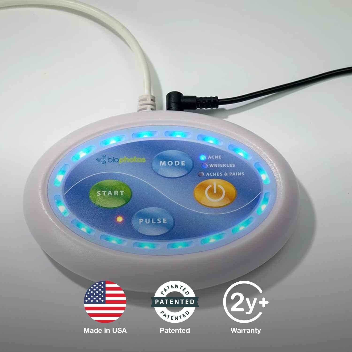Portable Celluma POD LED red light Controller featuring 3 targeted modes for acne, wrinkles, and pain relief.